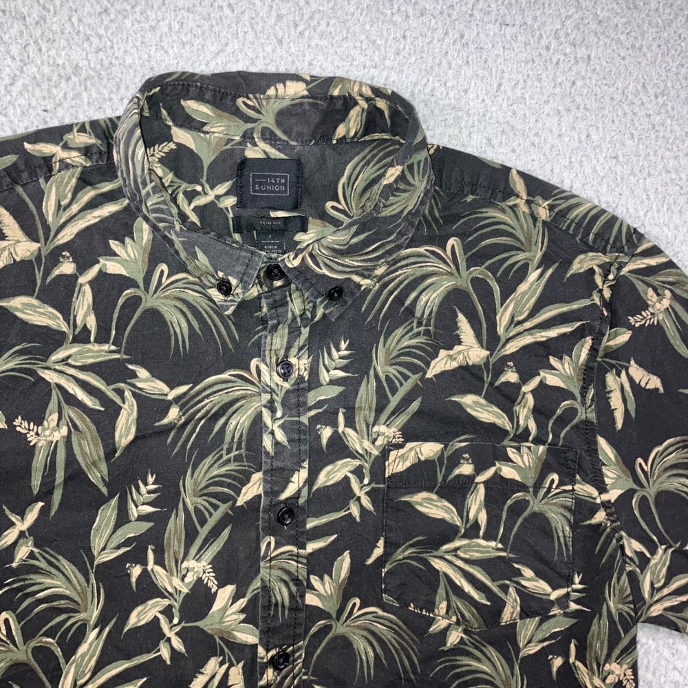 14th & Union Hawaiian Shirt Men L Black Tropical Palm‎ Leaf S/S Beach Vacation
